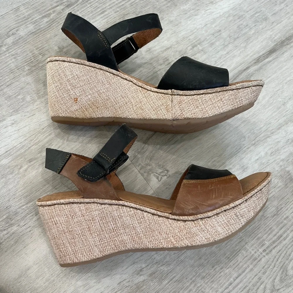 Born Nectar Leather Wedge Sandals Brown Black Two Tone Open Toe Women 10 Comfort